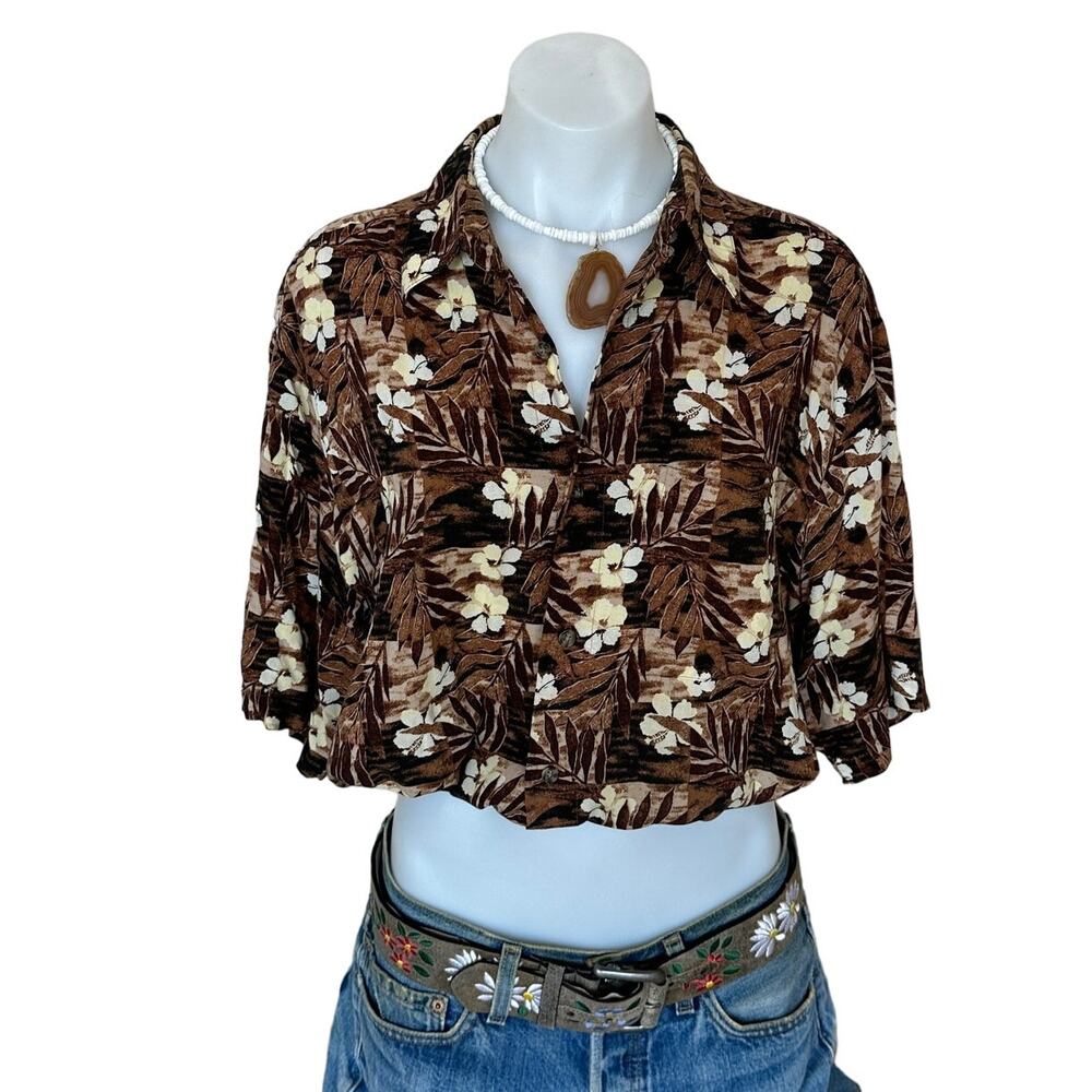 Hawaiian Shirt Button Down Crop Top One Size Boxy Surfergirl Hibiscus Oversize